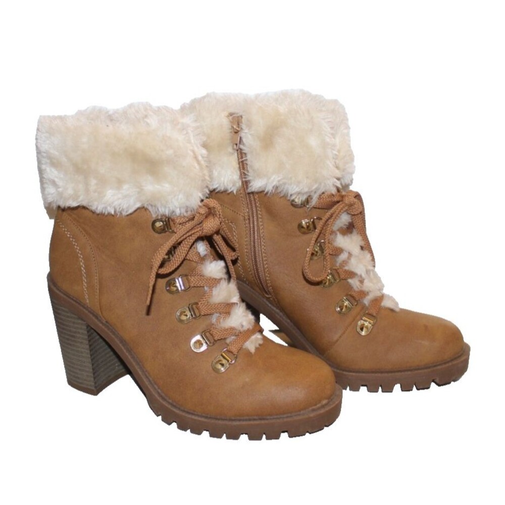 G By GUESS Jursy Tan Side Zipper Boots Faux Fur  Faux Leather Size 7M